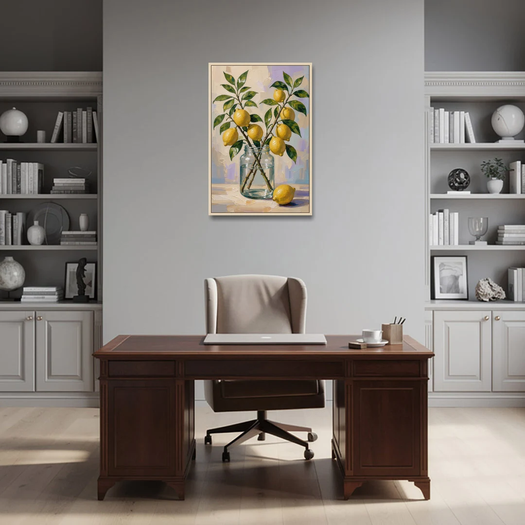Lemon Branches in a Glass Jar for the Kitchen - Oak Framed Canvas Wall Art - Office - 24x36