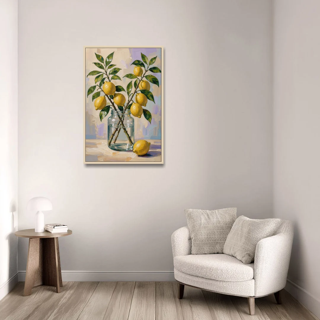 Lemon Branches in a Glass Jar for the Kitchen - Oak Framed Canvas Wall Art - Sofa - 24x36
