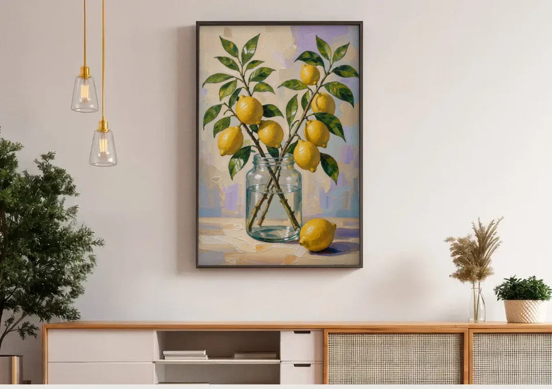 Lemon Branches in a Glass Jar for the Kitchen canvas wall art above a wooden sideboard under pendant lights