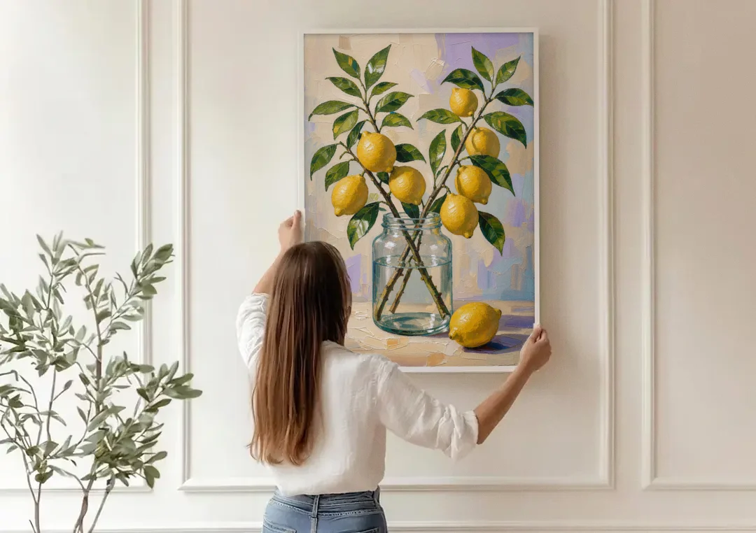 Lemon Branches in a Glass Jar for the Kitchen canvas wall art being hung on a paneled wall