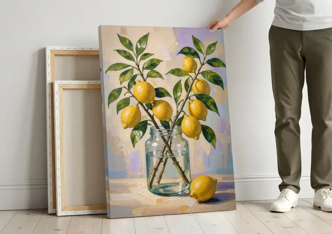 Lemon Branches in a Glass Jar for the Kitchen canvas wall art leaning against a wall next to blank canvases