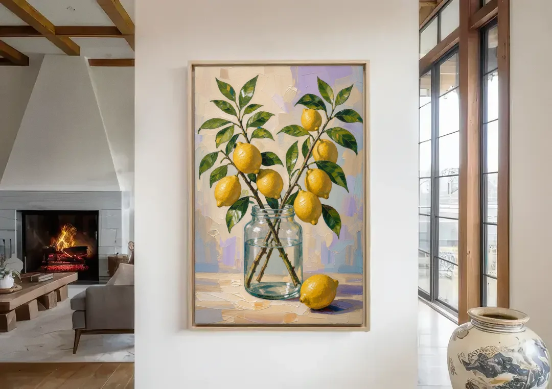 Lemon Branches in a Glass Jar for the Kitchen canvas wall art in a living room with a fireplace