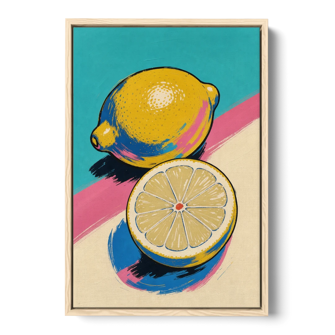 Lemon Kitchen Decor with Whole and Halved Lemons - Oak Framed Canvas Wall Art - Front