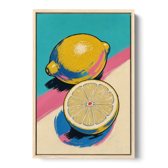 Lemon Kitchen Decor with Whole and Halved Lemons - Oak Framed Canvas Wall Art - Front