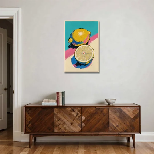 Lemon Kitchen Decor with Whole and Halved Lemons - Oak Framed Canvas Wall Art - Coffee Table - 24x36