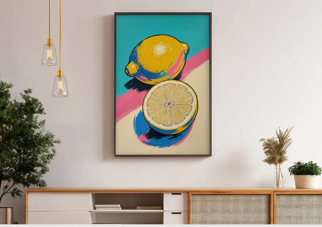 Lemon Kitchen Decor with Whole and Halved Lemons canvas wall art above a wooden sideboard under pendant lights