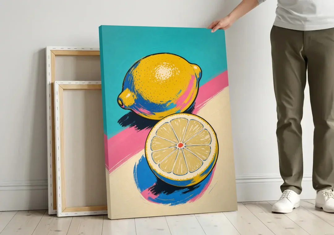 Lemon Kitchen Decor with Whole and Halved Lemons canvas wall art leaning against a wall next to blank canvases