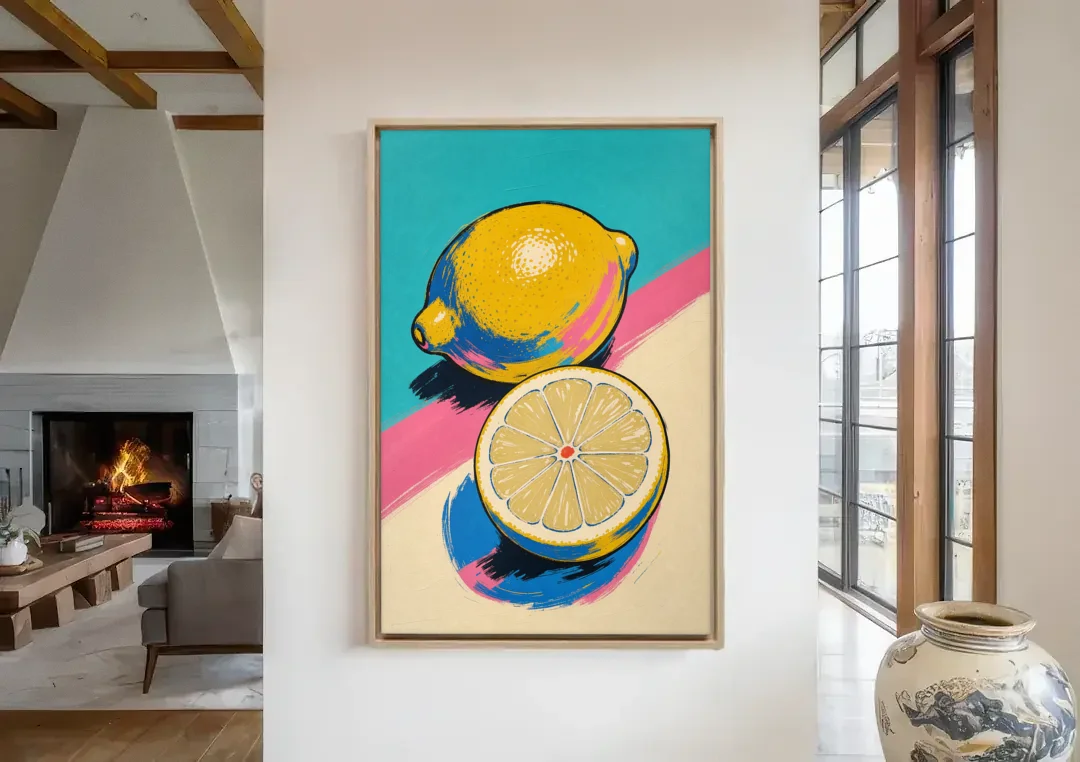 Lemon Kitchen Decor with Whole and Halved Lemons canvas wall art in a living room with a fireplace