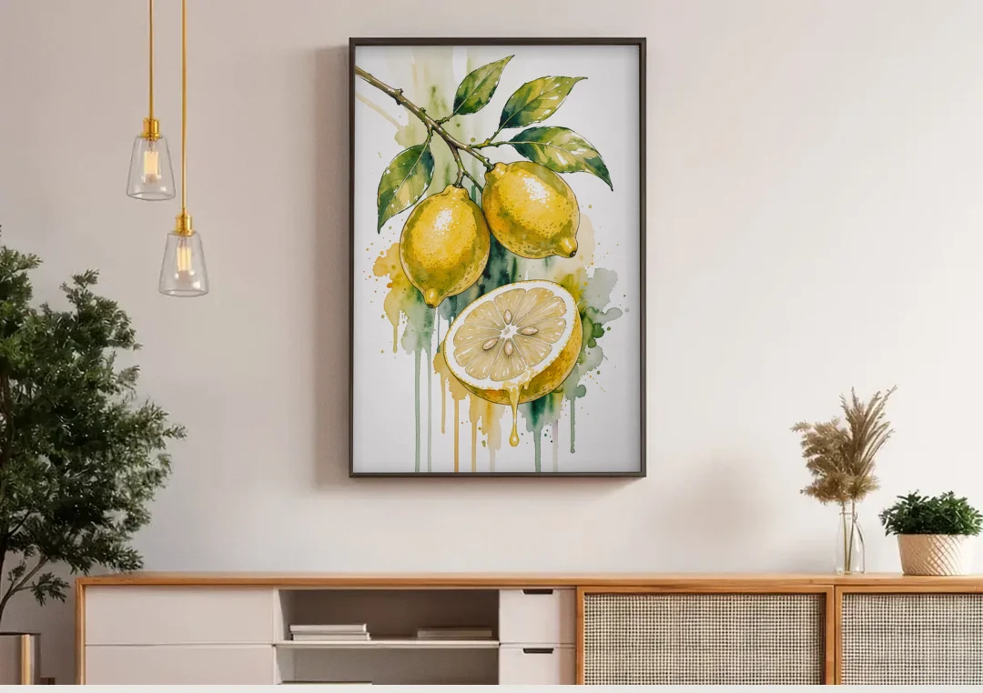 Lemon Painting Canvas with Dripping Cut Half canvas wall art above a wooden sideboard under pendant lights