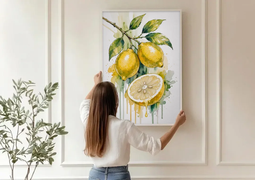 Lemon Painting Canvas with Dripping Cut Half canvas wall art being hung on a paneled wall
