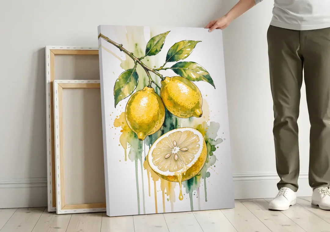 Lemon Painting Canvas with Dripping Cut Half canvas wall art leaning against a wall next to blank canvases