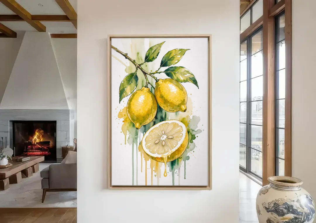 Lemon Painting Canvas with Dripping Cut Half canvas wall art in a living room with a fireplace
