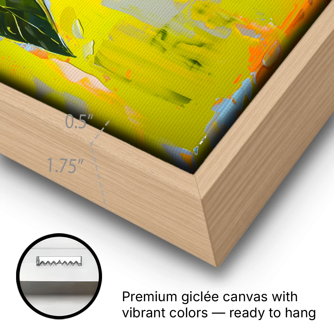 Lemon Painting with Glossy Leaves - Oak Framed Canvas Wall Art - Gallery Wrap Corner