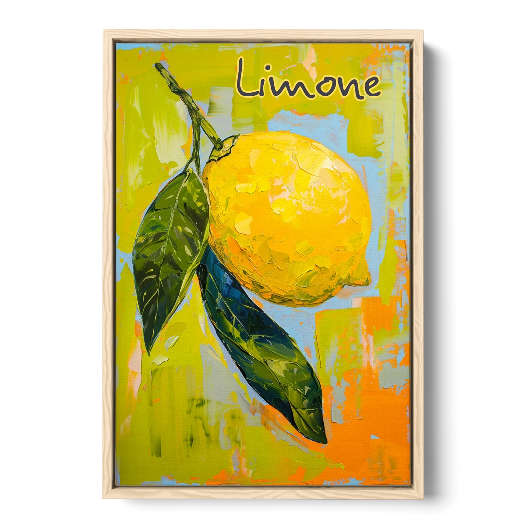 Lemon Painting with Glossy Leaves - Oak Framed Canvas Wall Art - Front
