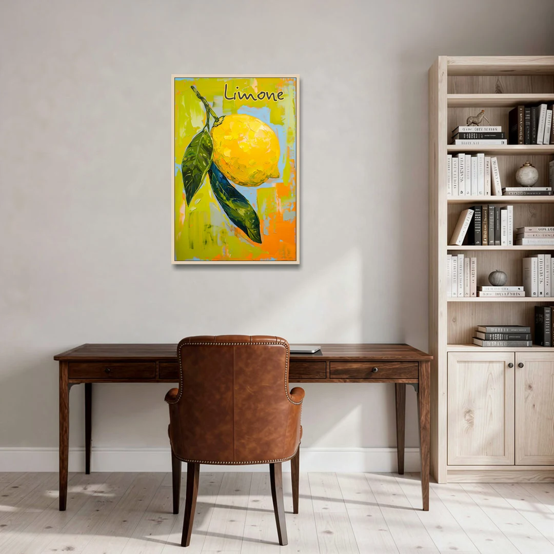 Lemon Painting with Glossy Leaves - Oak Framed Canvas Wall Art - Office - 24x36