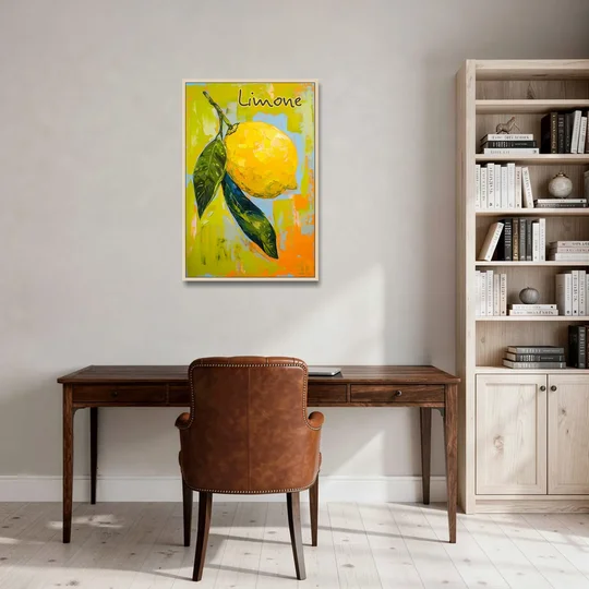 Lemon Painting with Glossy Leaves - Oak Framed Canvas Wall Art - Office - 24x36
