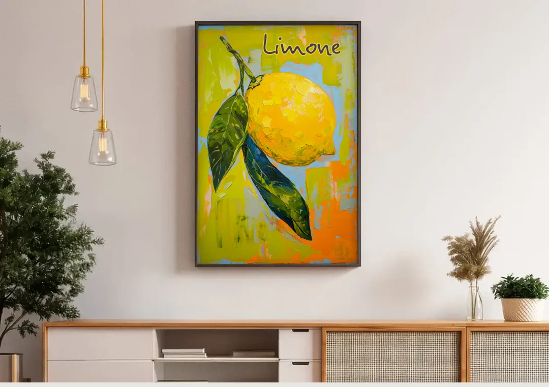 Lemon Painting with Glossy Leaves canvas wall art above a wooden sideboard under pendant lights