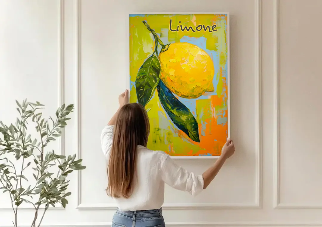 Lemon Painting with Glossy Leaves canvas wall art being hung on a paneled wall