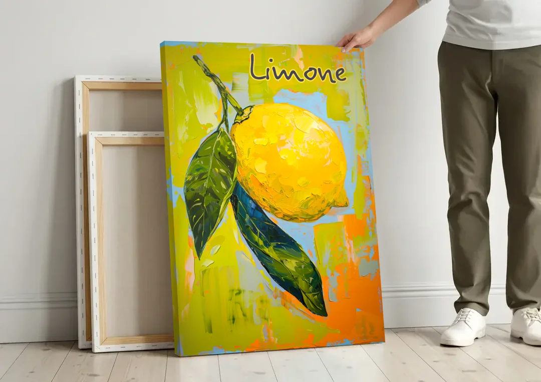 Lemon Painting with Glossy Leaves canvas wall art leaning against a wall next to blank canvases