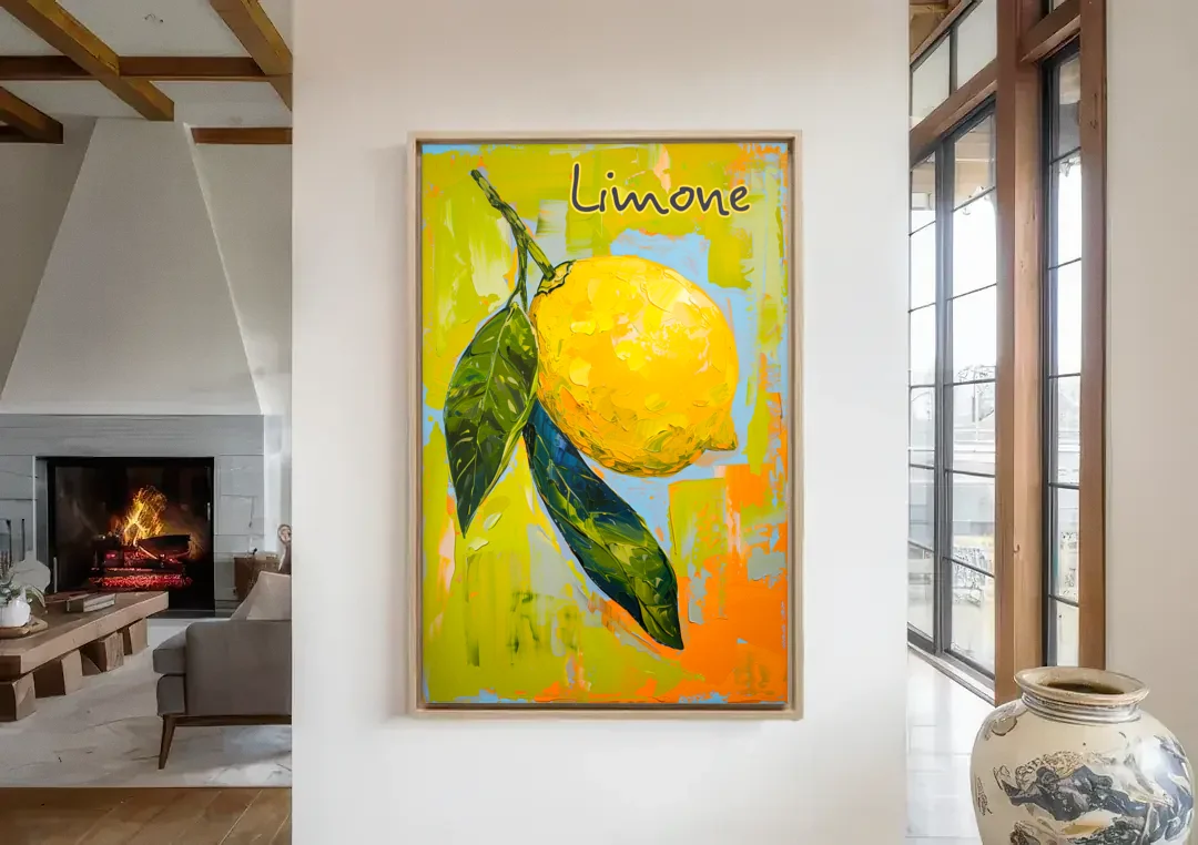 Lemon Painting with Glossy Leaves canvas wall art in a living room with a fireplace