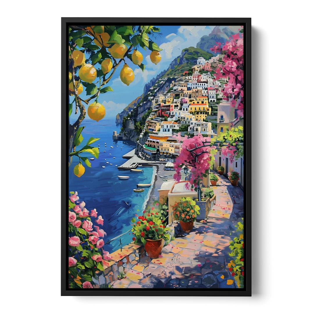 Lemon Tree Painting Above Positano - Black Framed Canvas Wall Art - Front