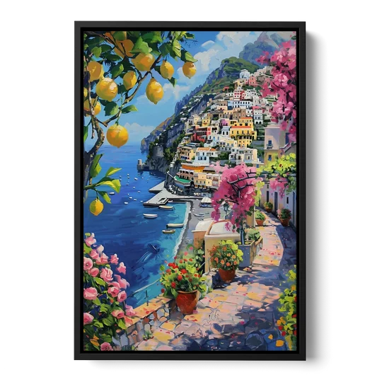 Lemon Tree Painting Above Positano - Black Framed Canvas Wall Art - Front