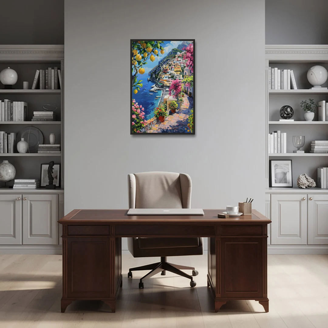 Lemon Tree Painting Above Positano - Black Framed Canvas Wall Art - Office - 24x36