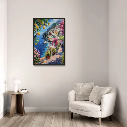 Lemon Tree Painting Above Positano - Black Framed Canvas Wall Art - Sofa - 24x36