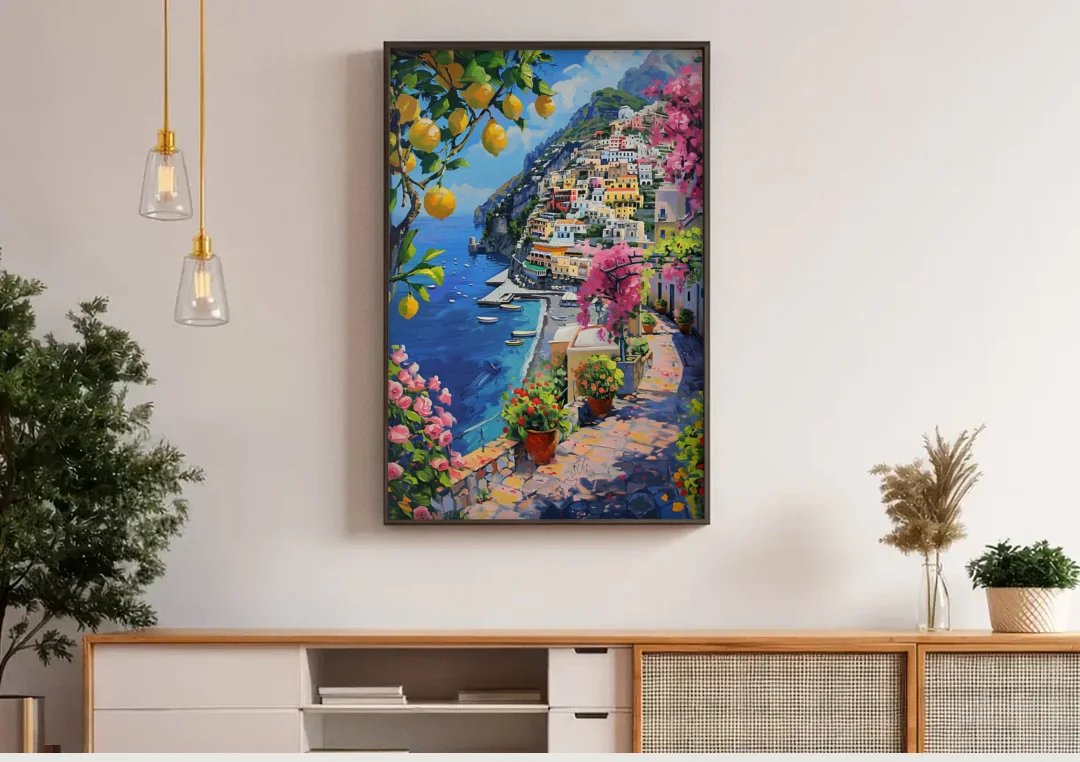 Lemon Tree Painting Above Positano canvas wall art above a wooden sideboard under pendant lights