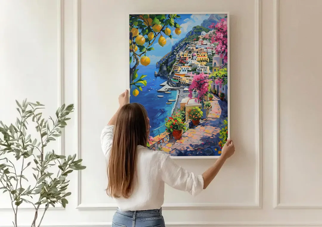 Lemon Tree Painting Above Positano canvas wall art being hung on a paneled wall