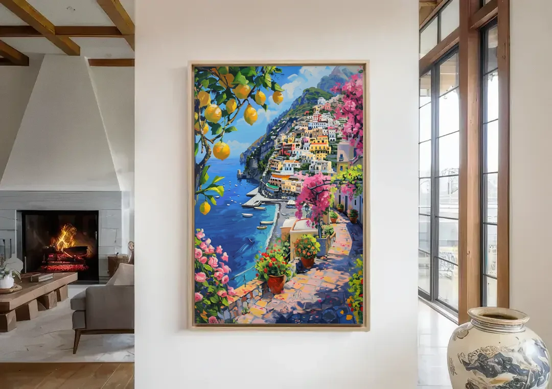 Lemon Tree Painting Above Positano canvas wall art in a living room with a fireplace