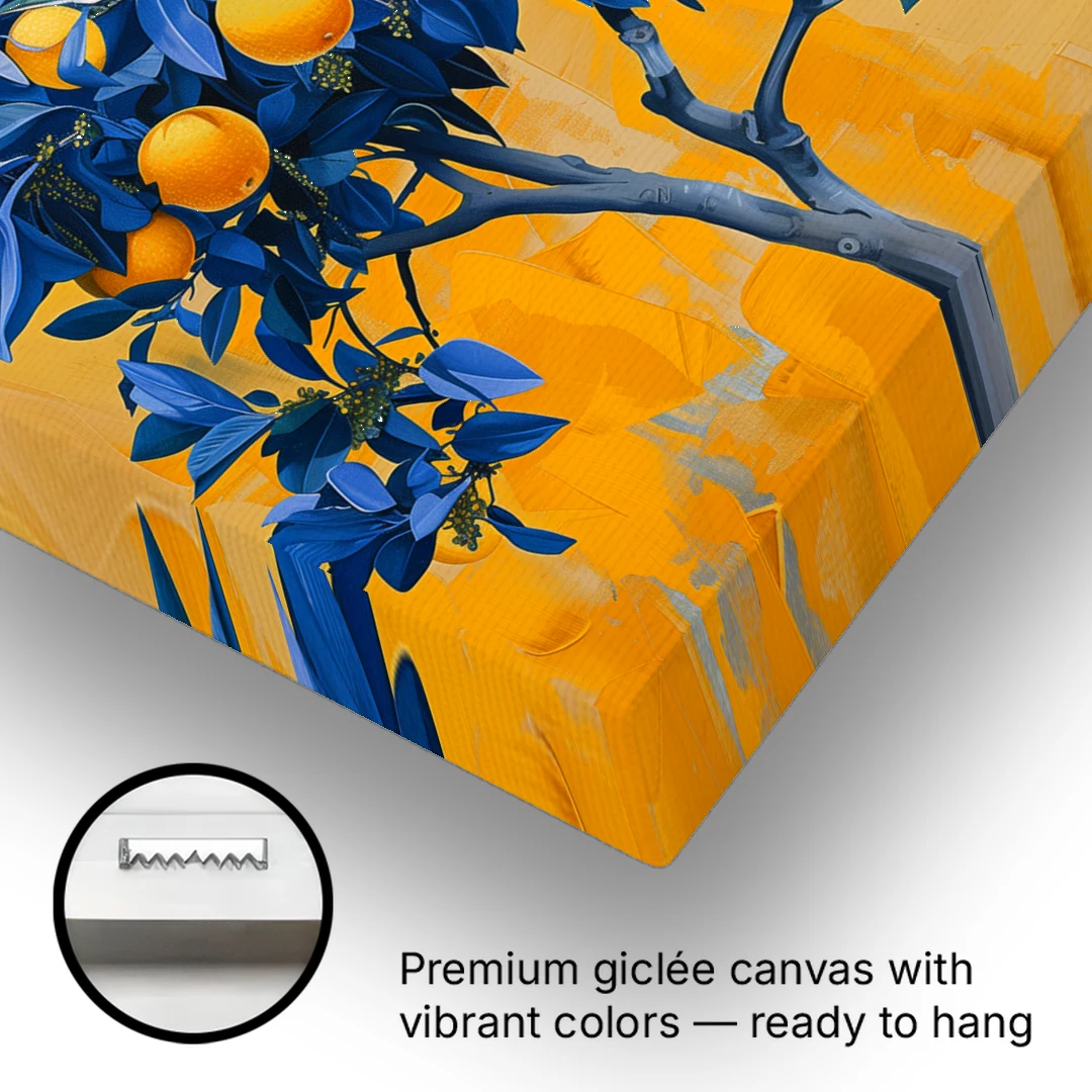 Lemon Tree Wall Art in Blue and Gold - Canvas Wall Art - Gallery Wrap Corner