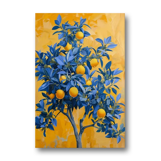 Lemon Tree Wall Art in Blue and Gold - Canvas Wall Art - Front