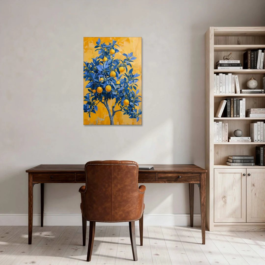Lemon Tree Wall Art in Blue and Gold - Canvas Wall Art - Office - 24x36