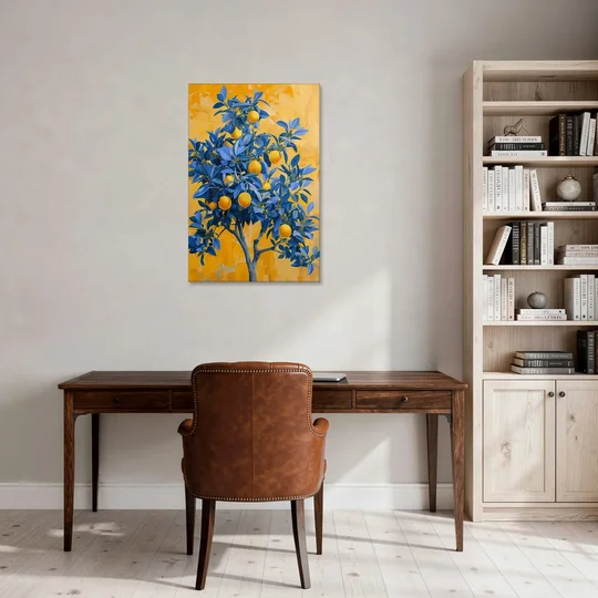 Lemon Tree Wall Art in Blue and Gold - Canvas Wall Art - Office - 24x36