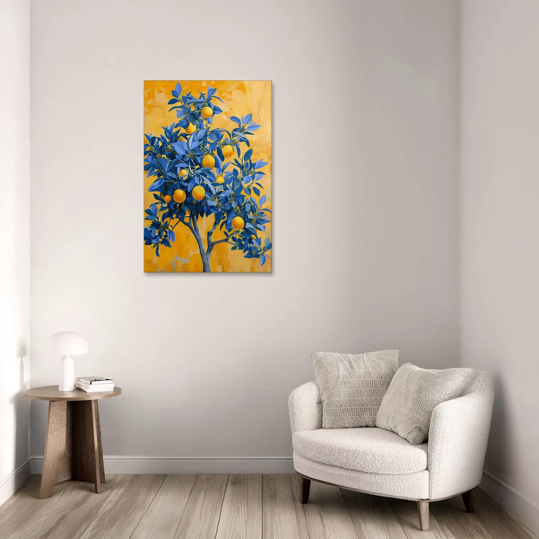 Lemon Tree Wall Art in Blue and Gold - Canvas Wall Art - Sofa - 24x36