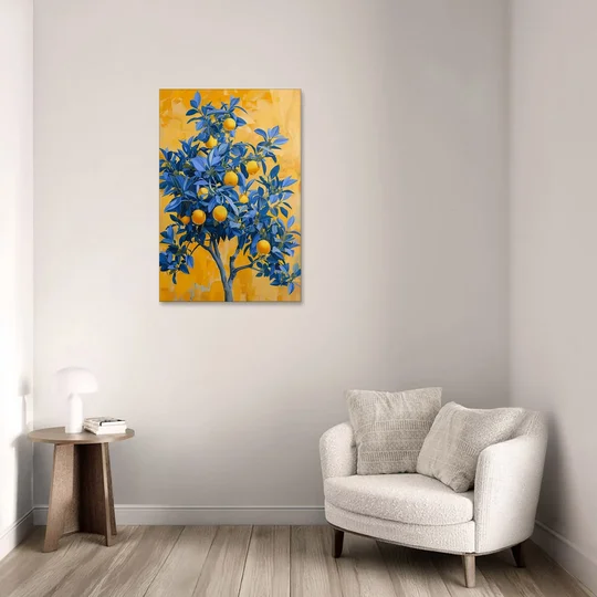 Lemon Tree Wall Art in Blue and Gold - Canvas Wall Art - Sofa - 24x36
