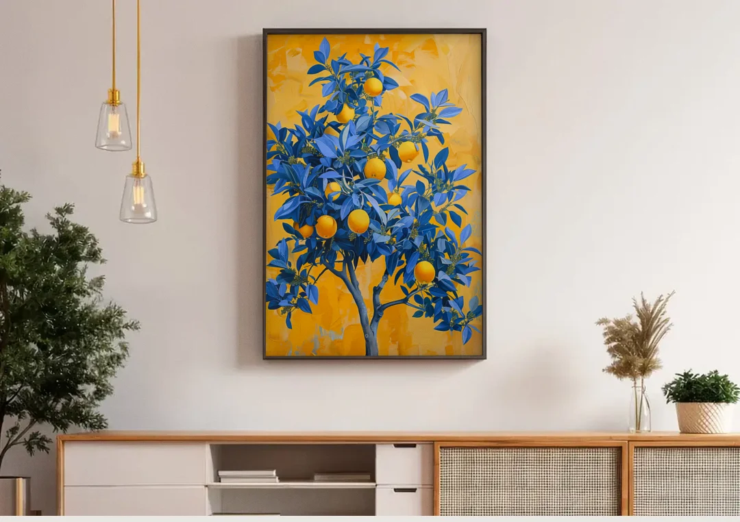 Lemon Tree Wall Art in Blue and Gold canvas wall art above a wooden sideboard under pendant lights