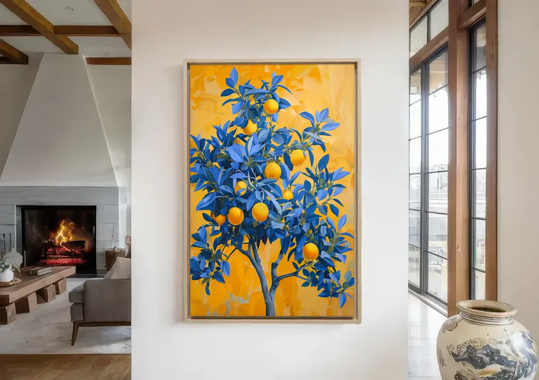 Lemon Tree Wall Art in Blue and Gold canvas wall art in a living room with a fireplace