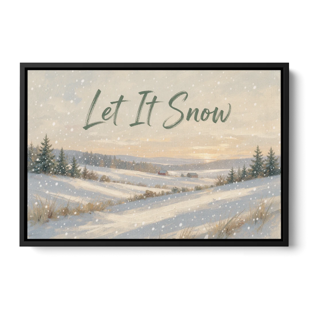 Let It Snow Over a Quiet Winter Farm - Black Framed Canvas Wall Art - Front