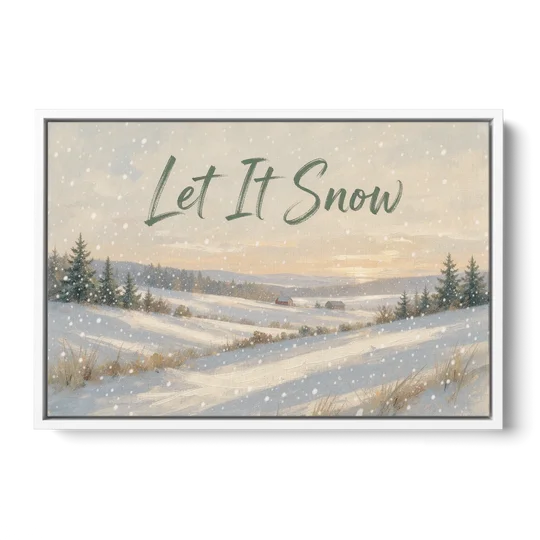 Let It Snow Over a Quiet Winter Farm - White Framed Canvas Wall Art - Front