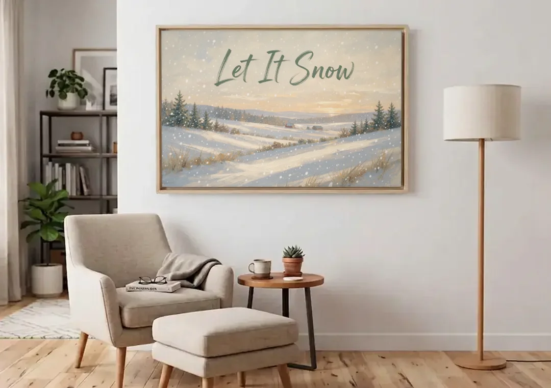 Let It Snow Over a Quiet Winter Farm canvas wall art above an armchair in a bright living room