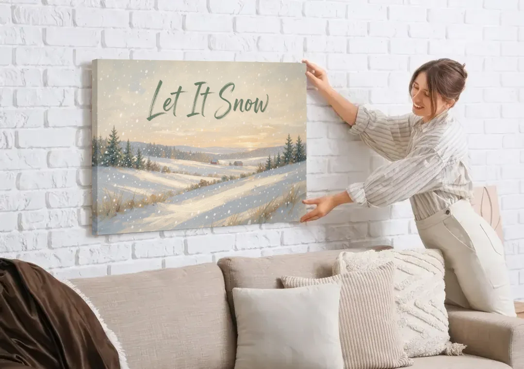 Let It Snow Over a Quiet Winter Farm canvas wall art being hung on a white brick wall above a sofa