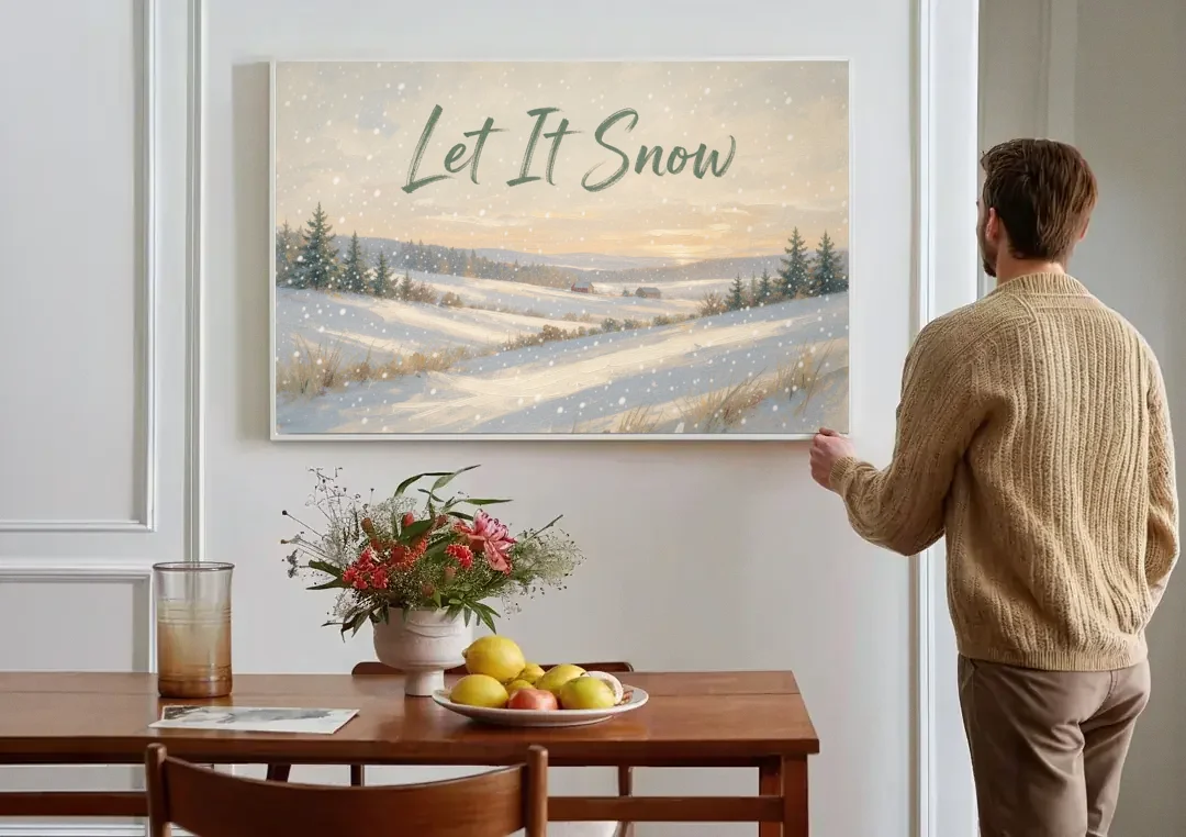 Let It Snow Over a Quiet Winter Farm canvas wall art above a dining table