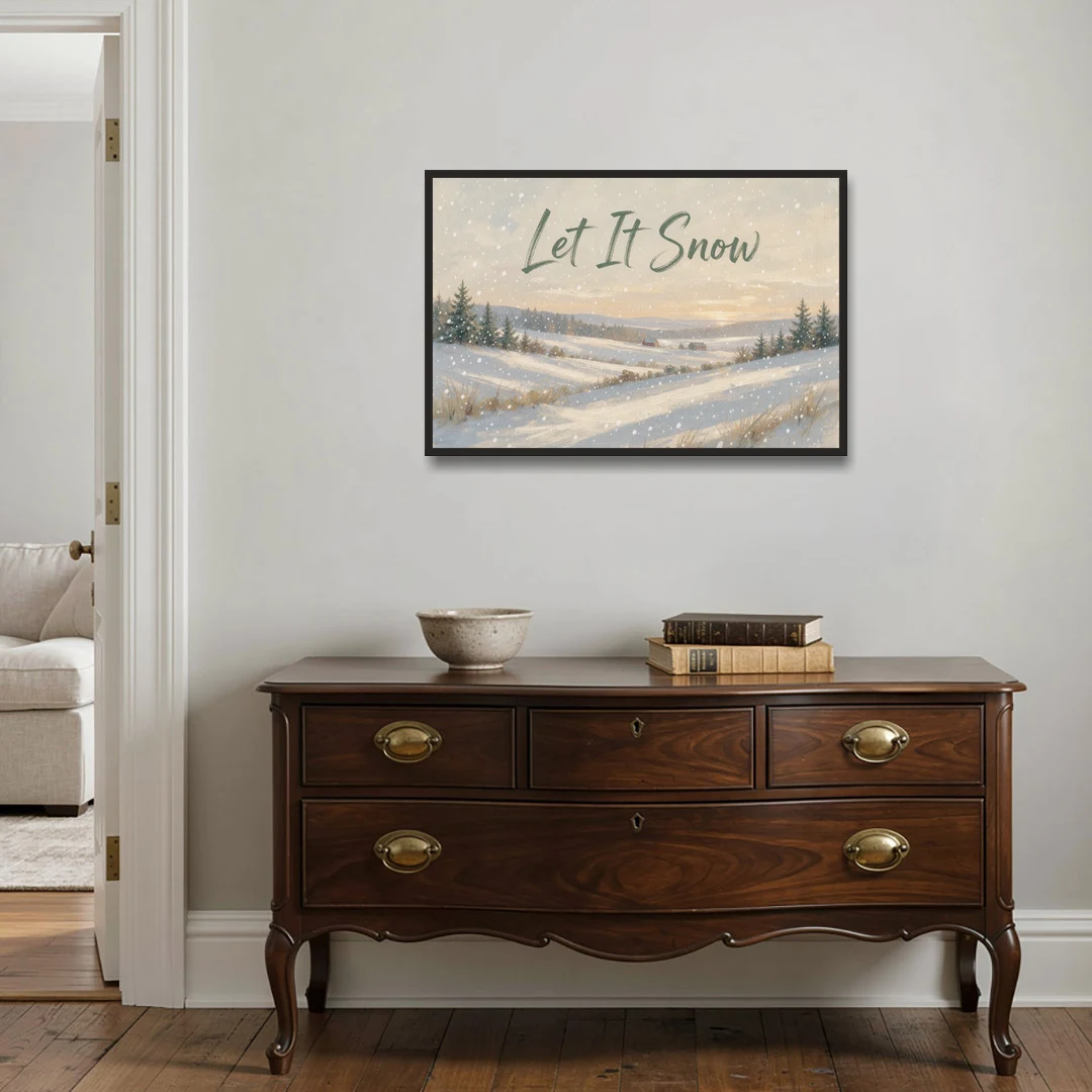 Let It Snow Over a Quiet Winter Farm - Black Framed Canvas Wall Art - Coffee Table - 36x24