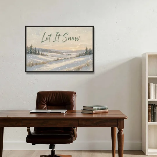 Let It Snow Over a Quiet Winter Farm - Black Framed Canvas Wall Art - Office - 36x24