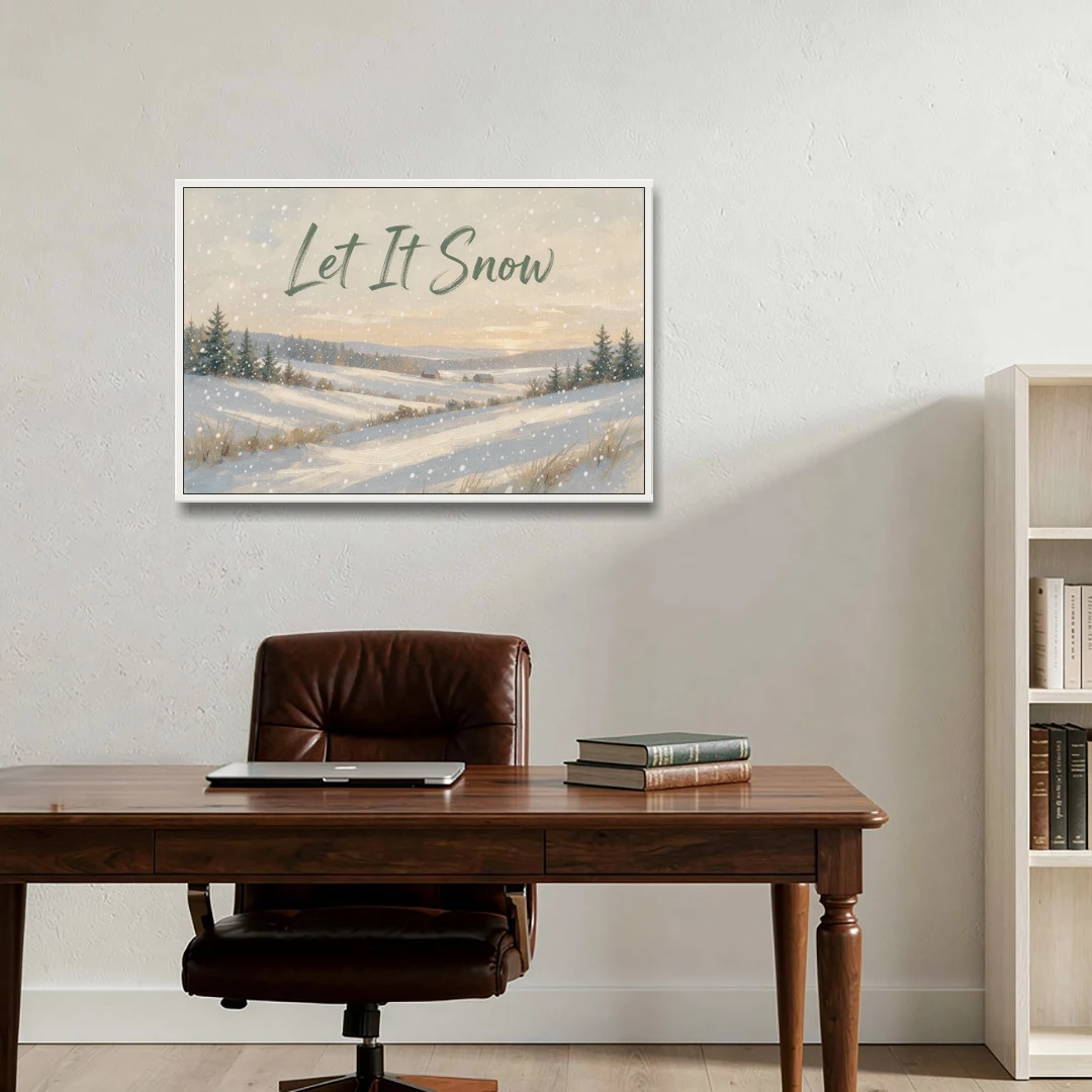 Let It Snow Over a Quiet Winter Farm - White Framed Canvas Wall Art - Office - 36x24