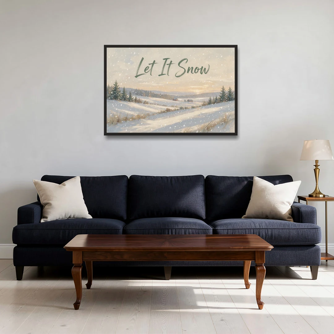 Let It Snow Over a Quiet Winter Farm - Black Framed Canvas Wall Art - Sofa - 36x24