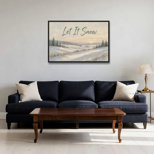 Let It Snow Over a Quiet Winter Farm - Black Framed Canvas Wall Art - Sofa - 36x24