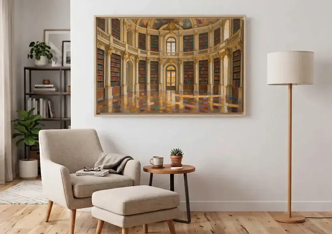 Library Art Prints of a Baroque Gilded Hall canvas wall art above an armchair in a bright living room